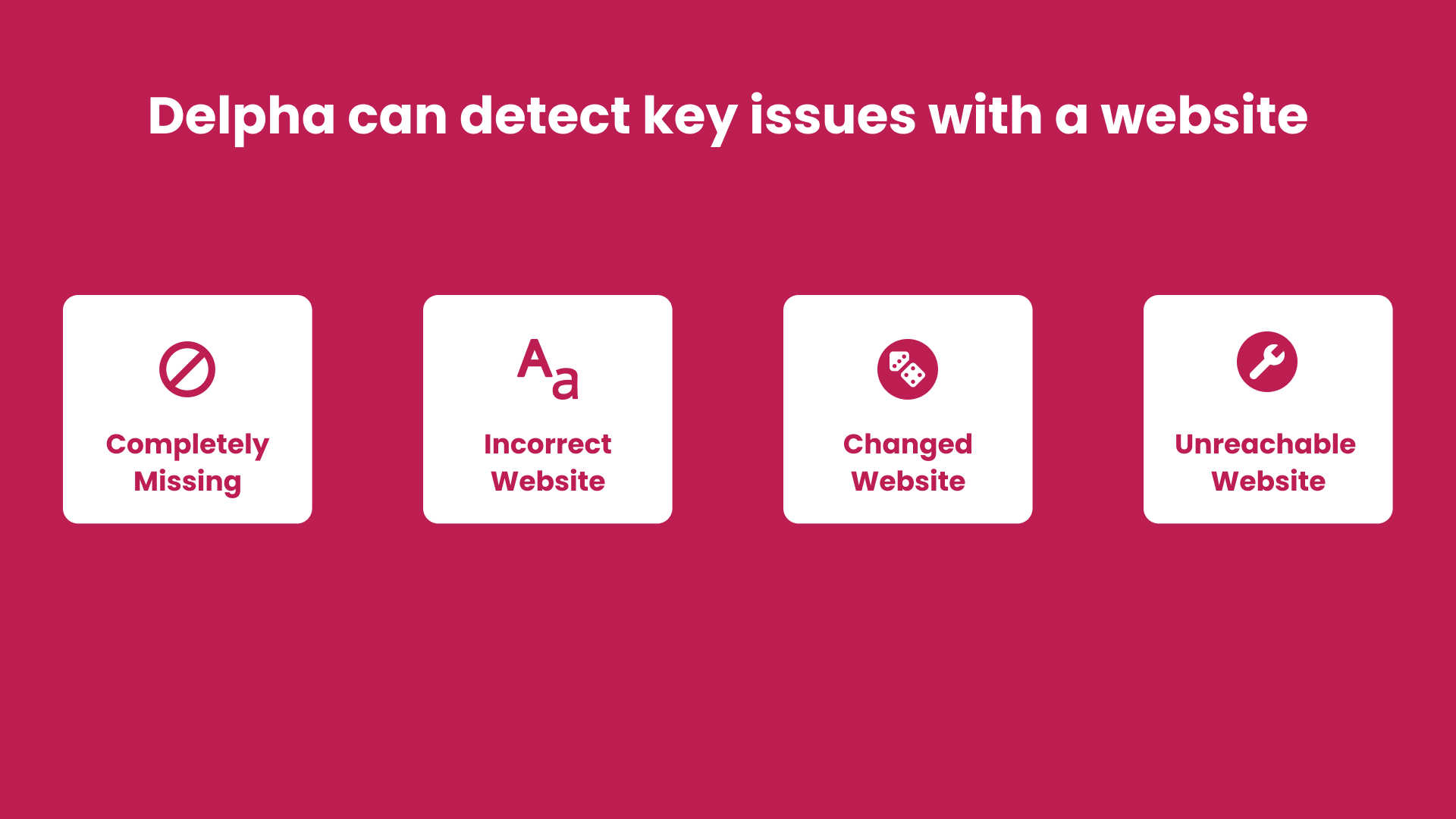 With Identify Missing Websites, Delpha can detect when an Account’s website is missing, incorrect, changed or unreachable.