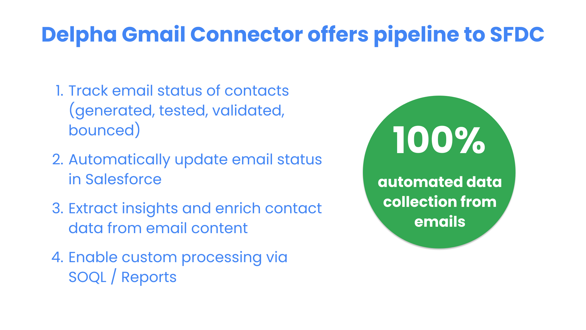 The benefits of connecting your Gmail account to Salesforce is the ability to automatically track and update email statuses of your Contacts and Clients as well as extract insights from the email content to get saved inside Salesforce