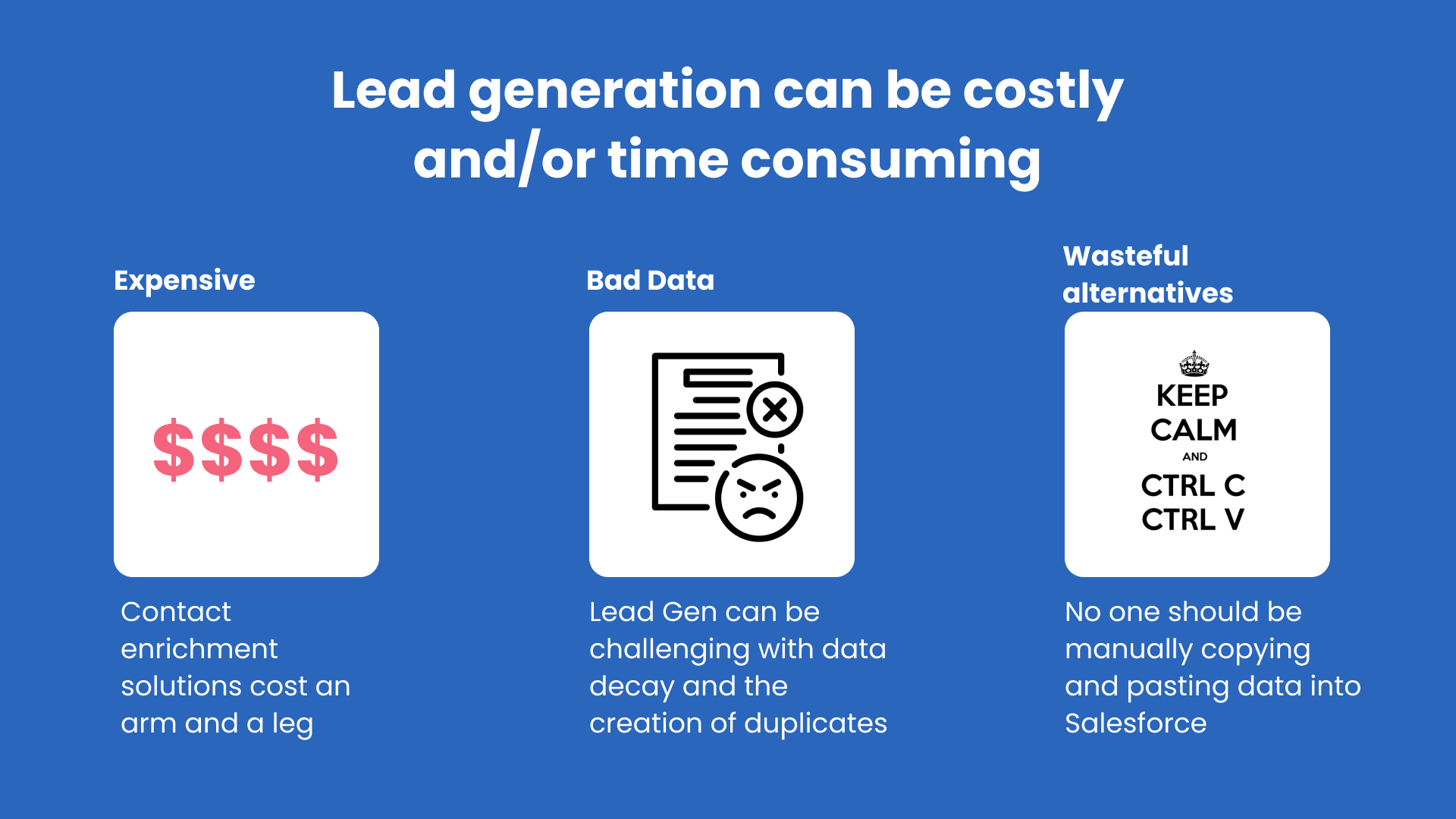 The challenges with lead generation are contact databases can be expensive, data decay can result in lead gen efforts to create duplicates and resources are often wasted when SalesOps have to rely on manual efforts to get the data into Salesforce.